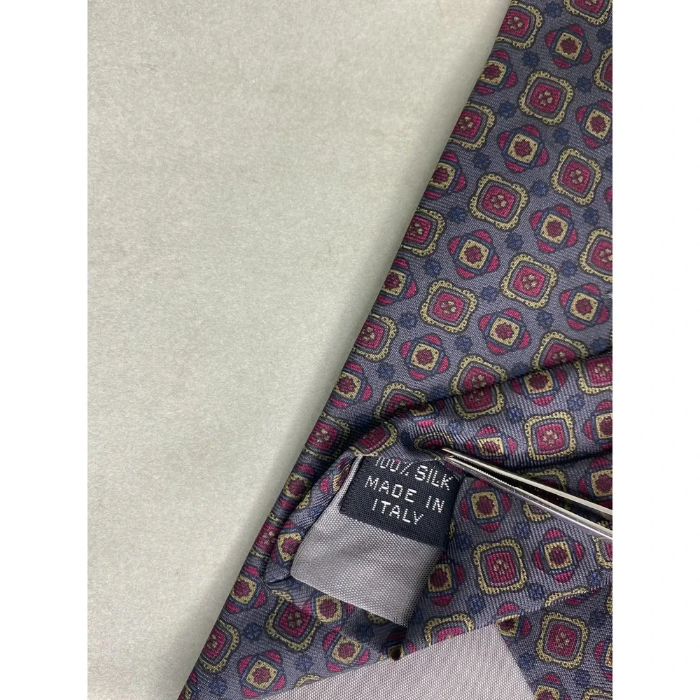 Lanvin Mens‎ Silk Tie Grey Burgundy Geometric Medallion Italy Luxury 59x3.5